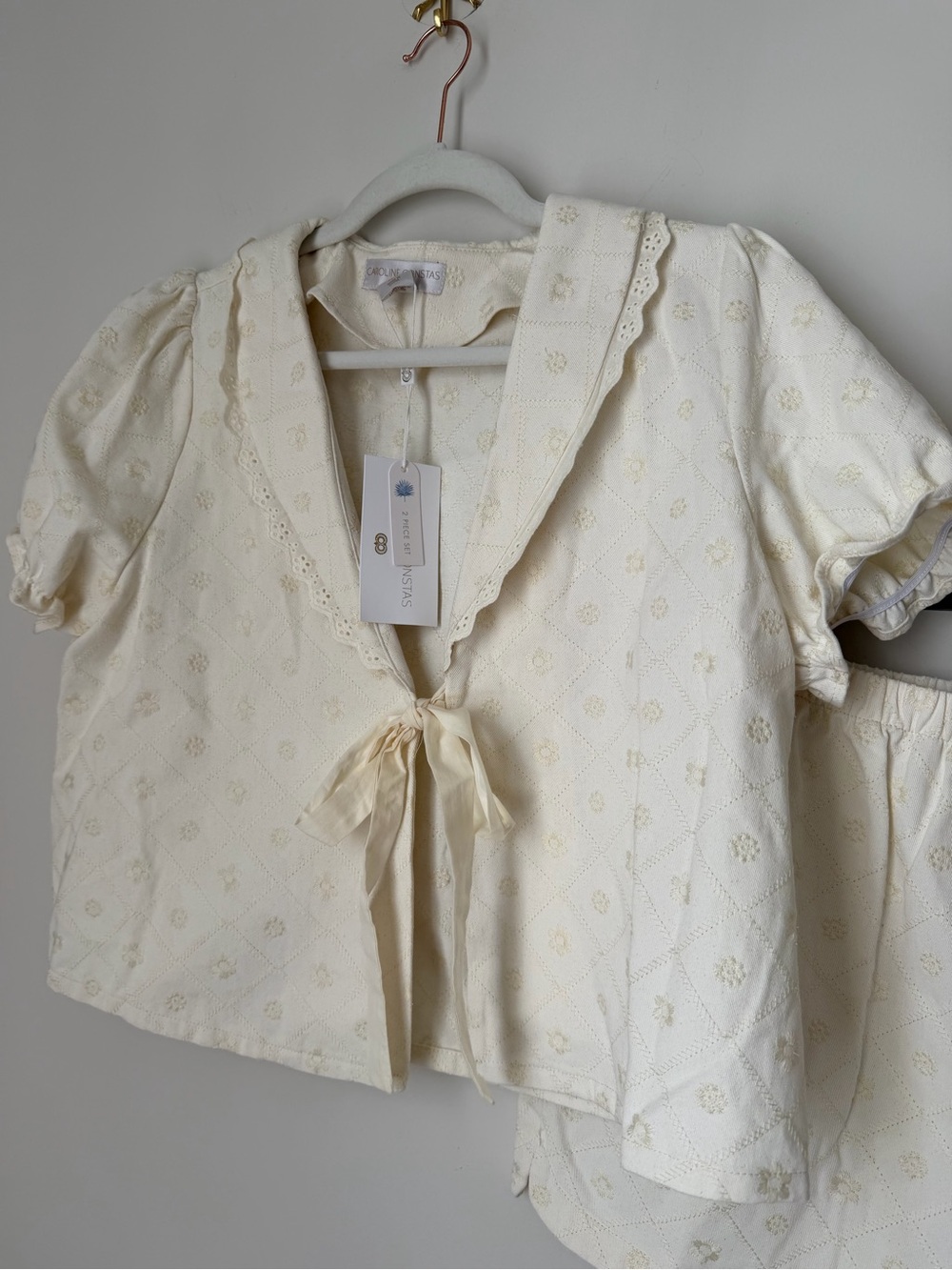 Caroline Constas Cream Eyelet cotton Short sleeve sailor tie Top & Shorts set - Picture 4 of 10